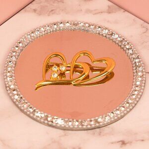Gold Tone Double Heart Brooch Pin with 3 Crystals